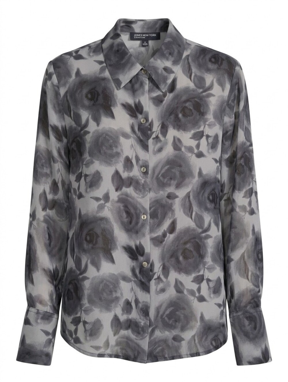 Jones New York Sheer Floral Button-Up Silk Blouse in Gray Sz XL
